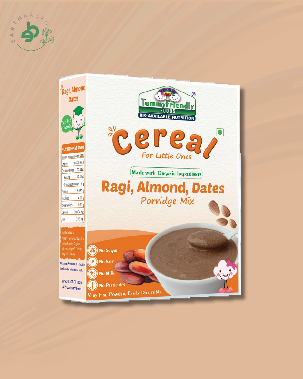 TummyFriendly Foods Sprouted Ragi, Almond, Dates Porridge Mix Cereal (200 g, 8+ Months) - EarthBased