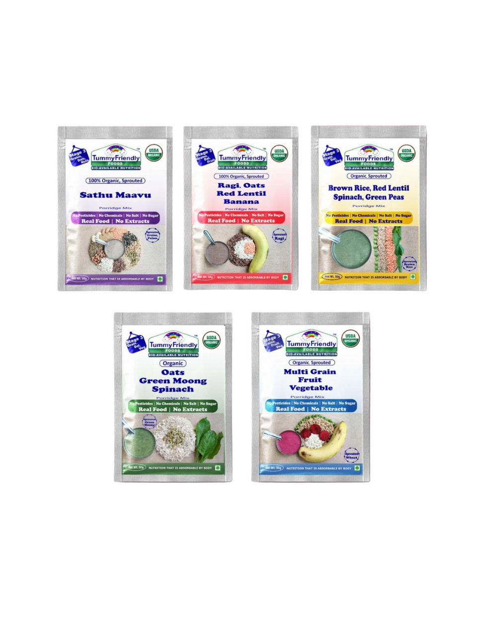 TummyFriendly Foods Certified Organic Stage3 Sprouted Porridge Mixes Trial Packs | Organic Baby Food for 8 Months Old | Sprouted Ragi, Brown Rice, Oats, Sathu Maavu, Pulses, Vegetables & Fruit | 50g Each, 5 Packs Cereal (250 g, Pack of 5, 8+ Months) - EarthBased
