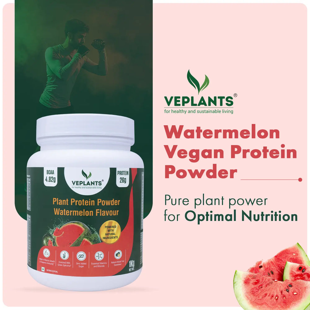 Vegan Protein Powder (1KG) (Watermelon)| Muscle Growth | 26g Pea & Brown Rice Isolate| Complete Amino Acid Profile| 4.82g BCAA| Monk Fruit Extract| Multivitamins, Minerals| No Added Sugar. | Veplants - EarthBased