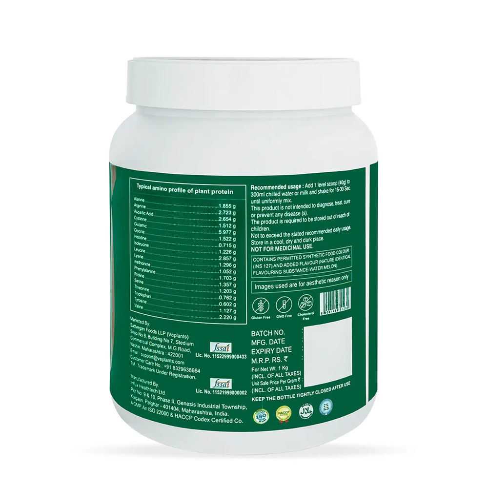 Vegan Protein Powder (1KG) (Watermelon)| Muscle Growth | 26g Pea & Brown Rice Isolate| Complete Amino Acid Profile| 4.82g BCAA| Monk Fruit Extract| Multivitamins, Minerals| No Added Sugar. | Veplants - EarthBased