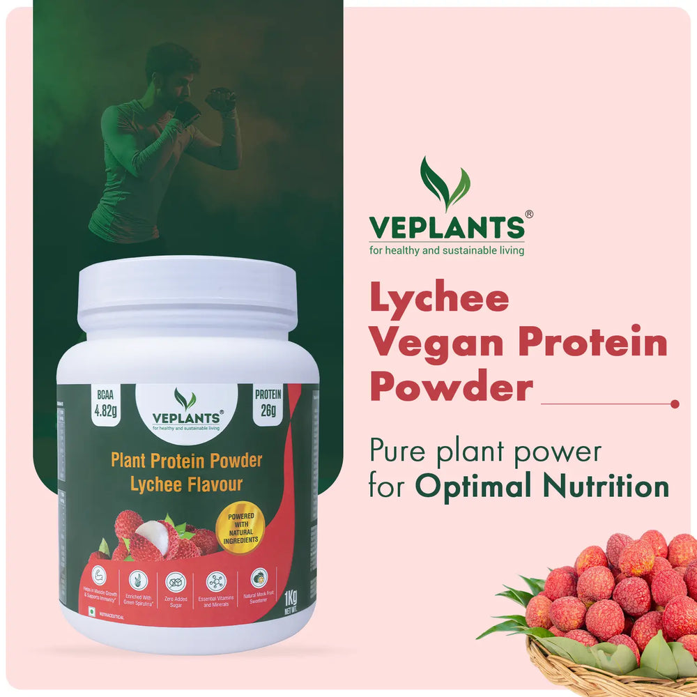 Vegan Protein Powder- 26g Pea & Brown rice Isolate, Complete Amino Acid profile, 4.82 BCAA, Monk Fruit Extract, Multivitamins and Minerals for everyday fitness & immunity, No added sugar, (Lychee, 1Kg) | Veplants . - EarthBased