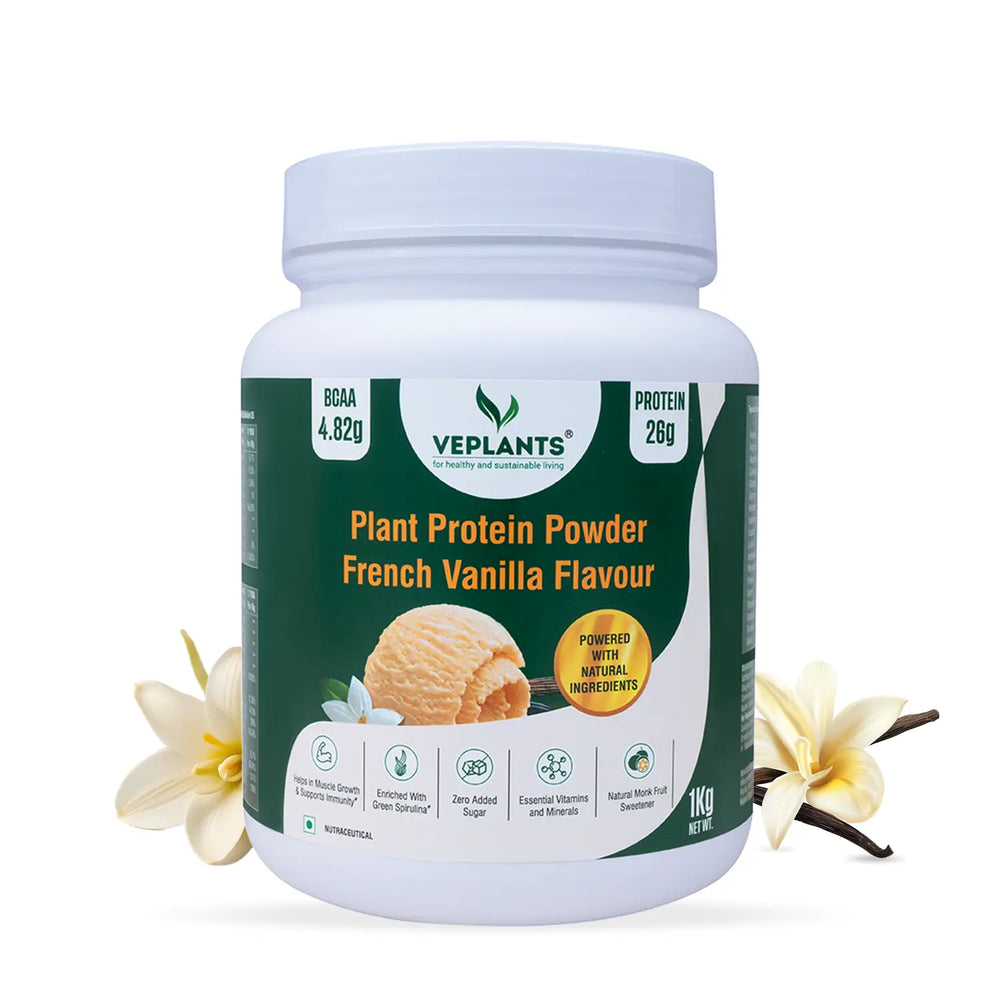 Vegan Protein Powder- 26g Pea & Brown rice Isolate, Complete Amino Acid profile, 4.82 BCAA, Monk Fruit Extract, Multivitamins and Minerals for everyday fitness & immunity, No added sugar, (Vanilla, 1Kg) | Veplants - EarthBased