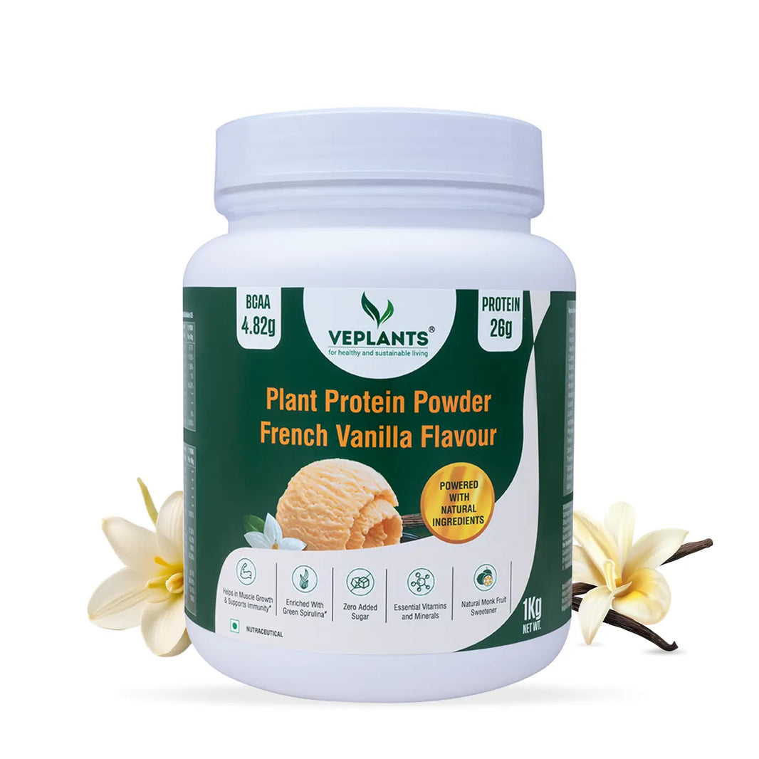 Vegan Protein Powder- 26g Pea & Brown rice Isolate, Complete Amino Acid profile, 4.82 BCAA, Monk Fruit Extract, Multivitamins and Minerals for everyday fitness & immunity, No added sugar, (Vanilla, 1Kg) | Veplants - EarthBased
