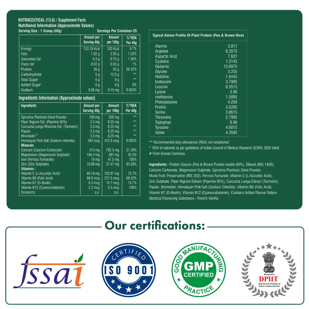 Vegan Protein Powder- 26g Pea & Brown rice Isolate, Complete Amino Acid profile, 4.82 BCAA, Monk Fruit Extract, Multivitamins and Minerals for everyday fitness & immunity, No added sugar, (Vanilla, 1Kg) | Veplants - EarthBased