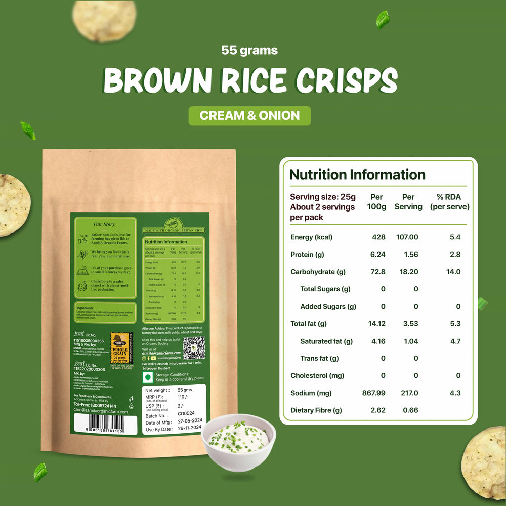 Brown rice Crips, Cream & Onion - 20g | Pack of 5 - EarthBased