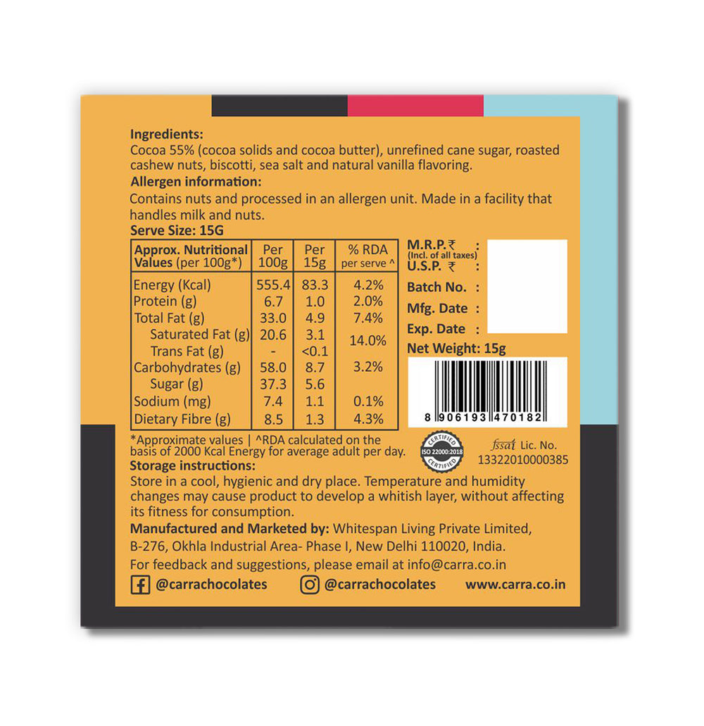CARRA Cashews & Biscotti in 55% Dark Chocolate 15G - EarthBased