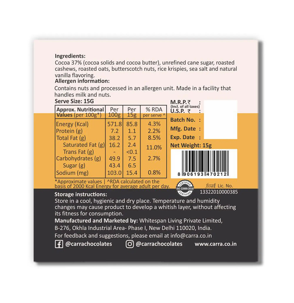 CARRA Country Crunch & Butterscotch in Plant Based Milk Chocolate 15G - EarthBased