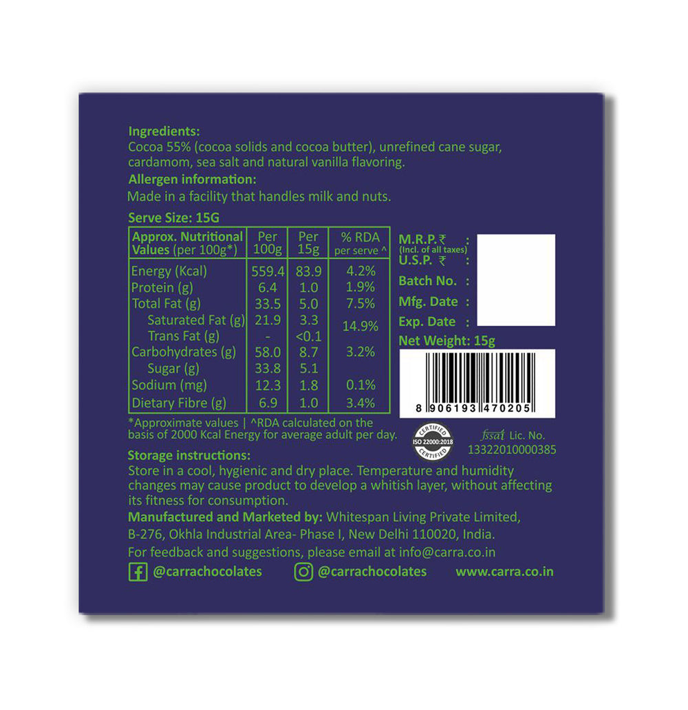 CARRA Cardamom in 55% Dark Chocolate 15G - EarthBased