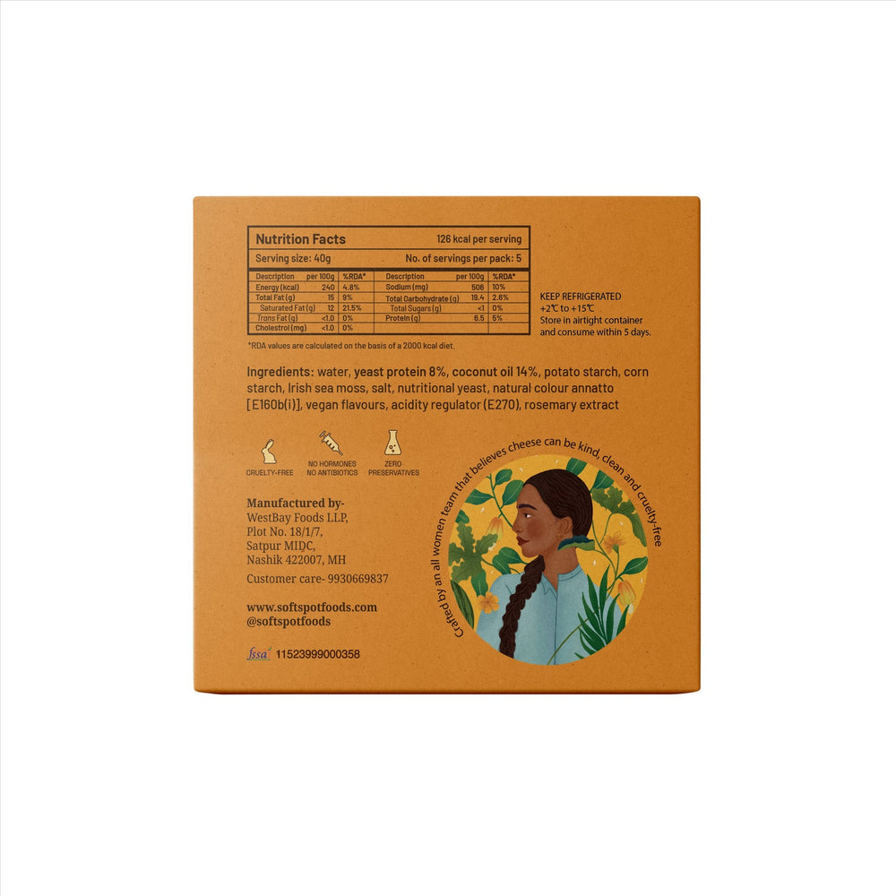 Soft Spot cheddar pack back with ingredients and nutrition
