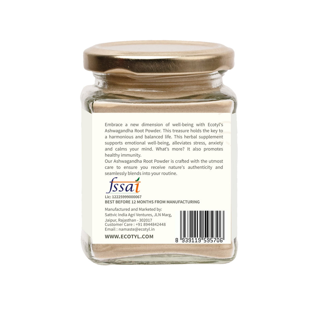 Ecotyl Ashwagandha Root Powder back label with ingredients