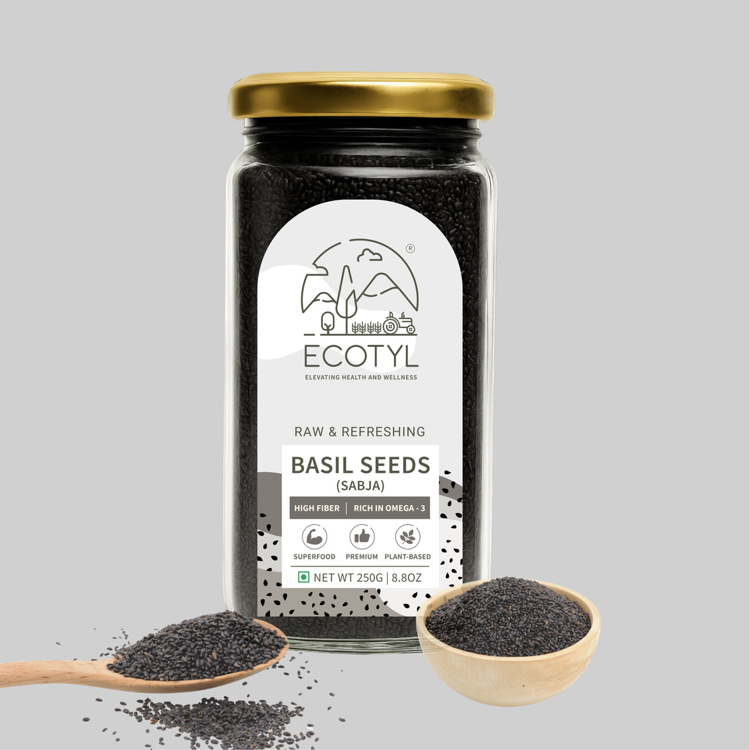 Ecotyl Basil Seeds Sabja 250g jar with seeds in wooden spoon and bowl