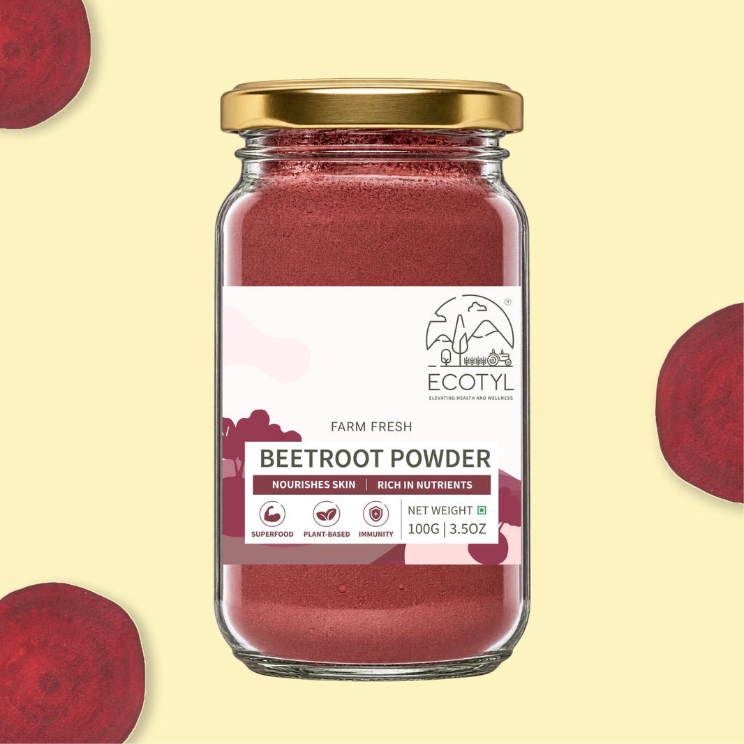 Ecotyl Beetroot Powder jar with fresh beetroot