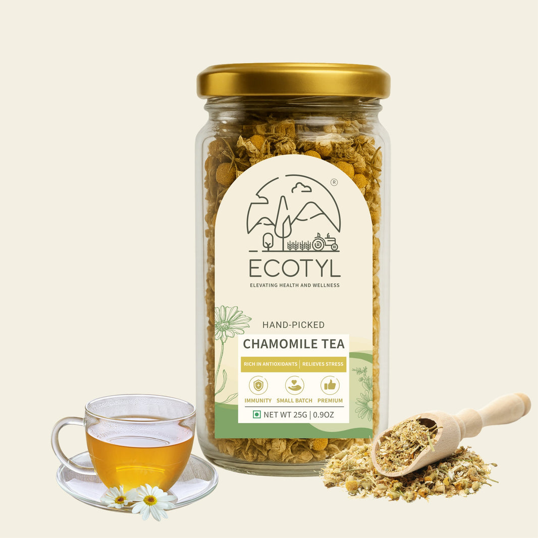 Ecotyl Chamomile Tea 25g jar with dried chamomile flowers
