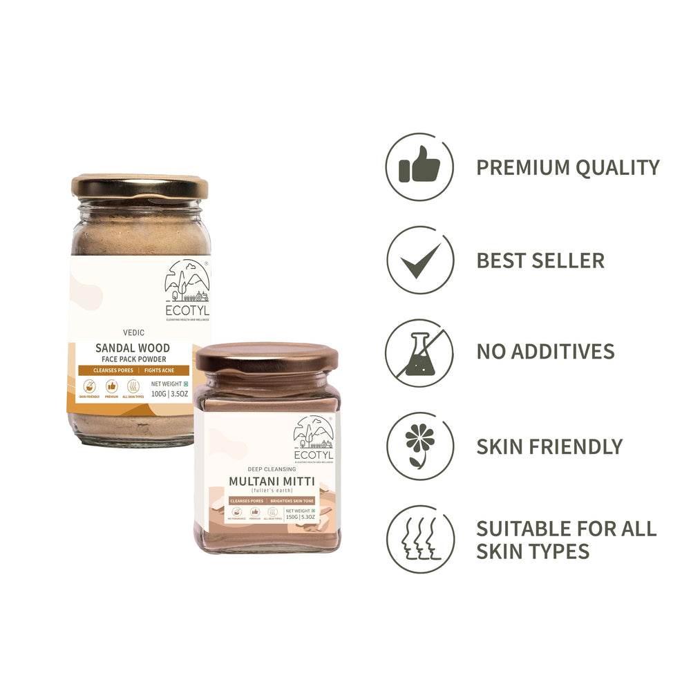 Ecotyl face pack combo features: premium quality, best seller, no additives, skin friendly, suitable for all skin types