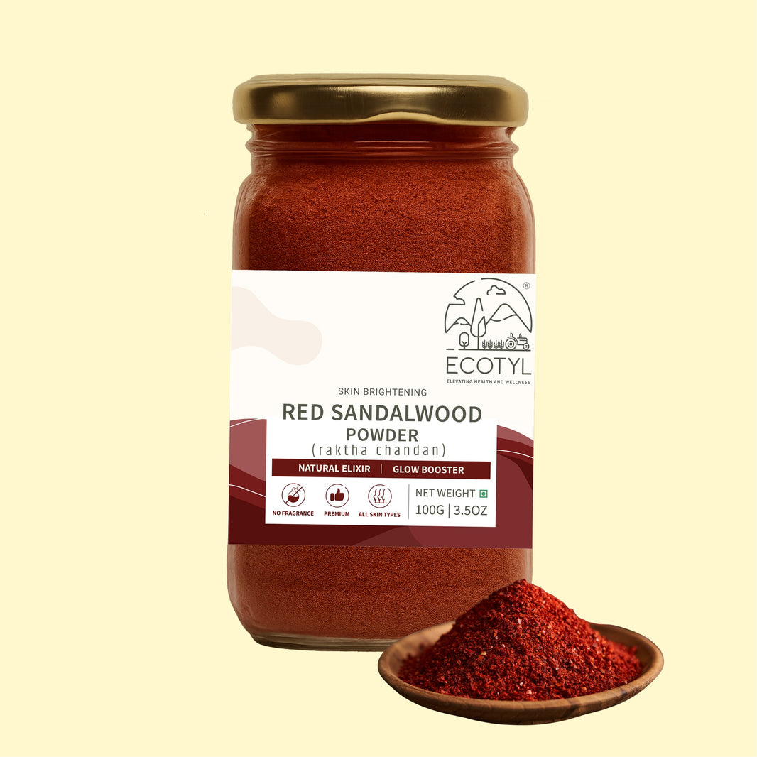 Ecotyl Red Sandalwood Powder 100g jar on warm background