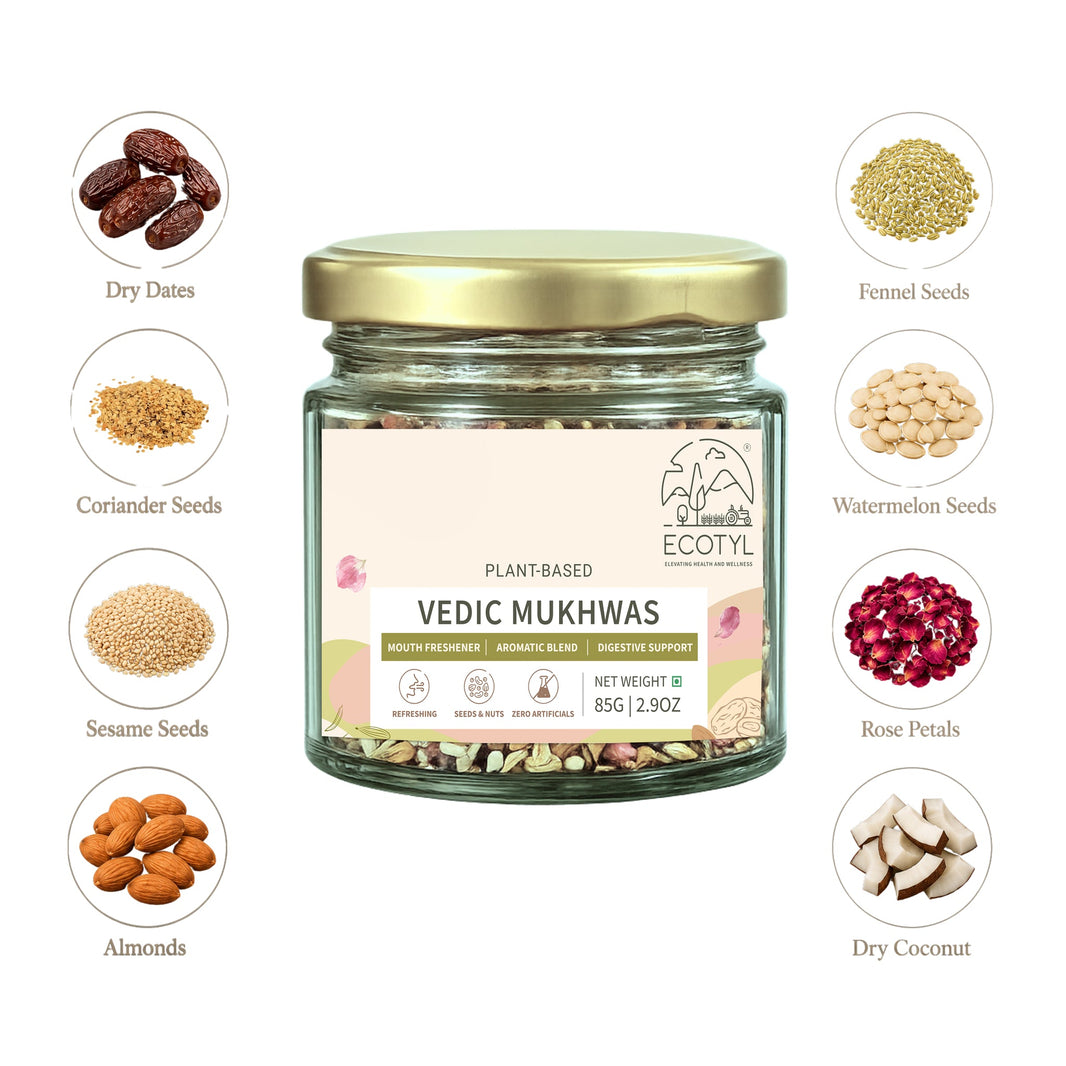 Ecotyl Vedic Mukhwas 85g jar with nuts and seeds ingredients