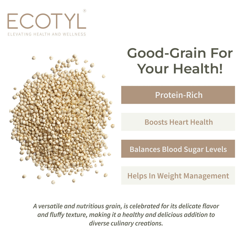 Ecotyl White Quinoa benefits: protein rich, supports heart health, balances blood sugar levels, helps with weight management