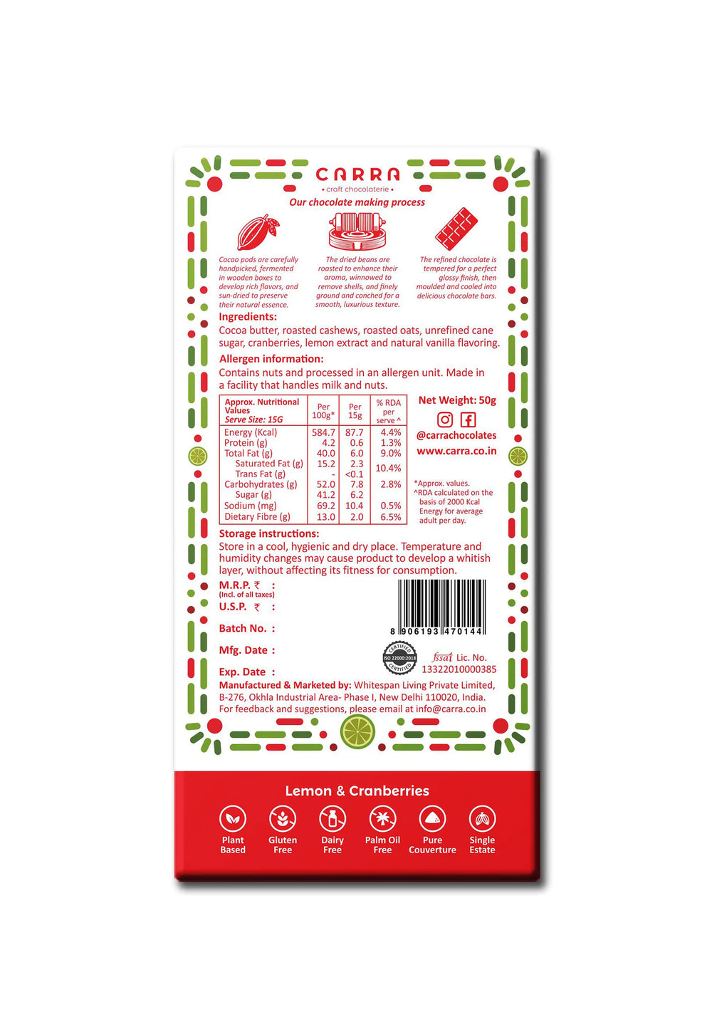 CARRA Lemon & Cranberries in Plant Based White Chocolate 50G - EarthBased