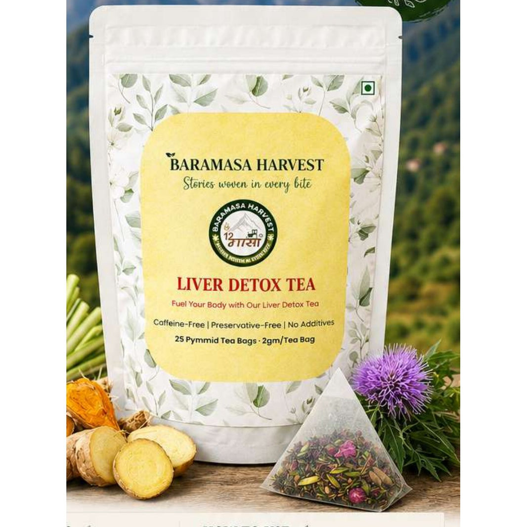 Baramasa Harvest Liver Detox Tea pouch with pyramid tea bags, turmeric and ginger