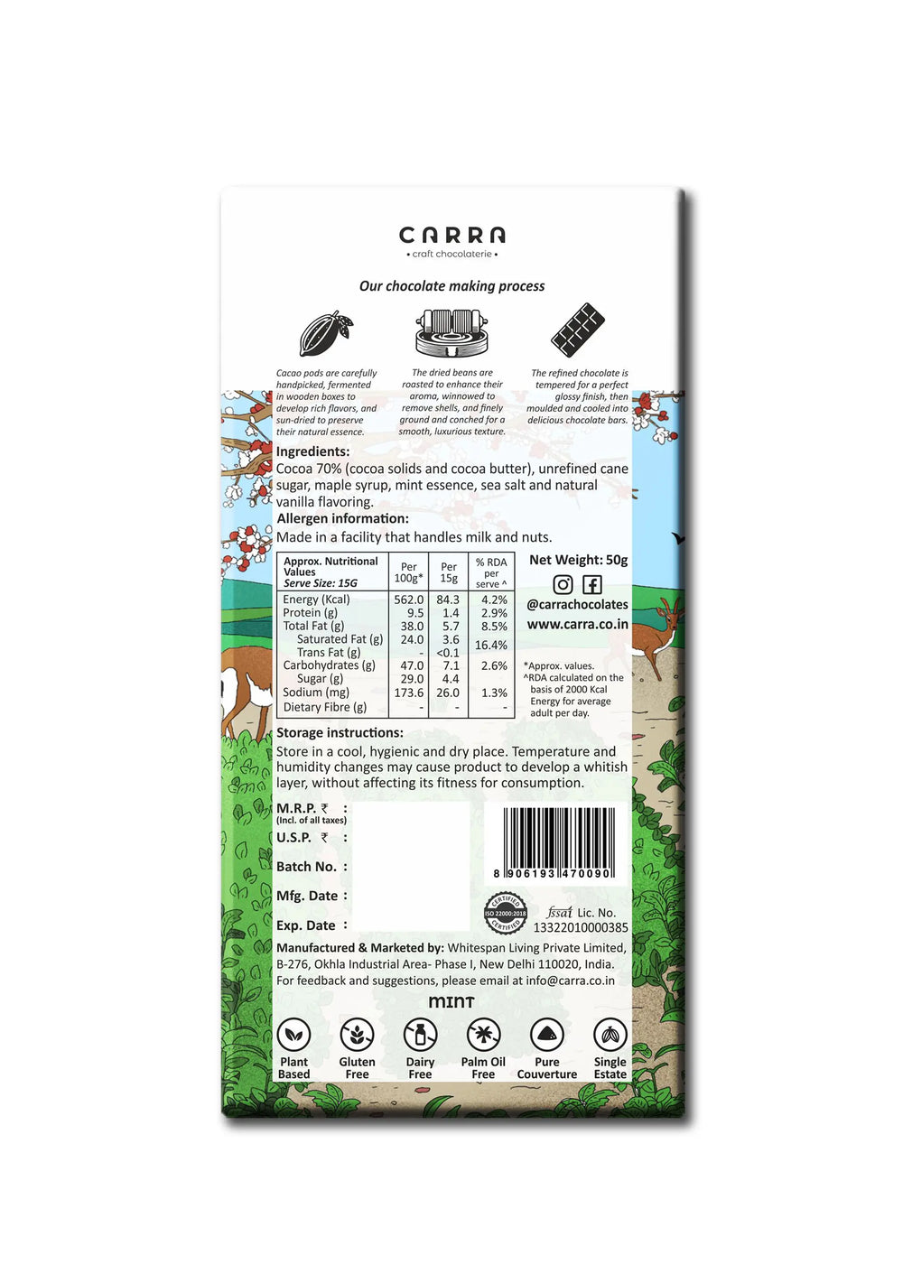 CARRA Mint in 70% Dark Chocolate 50G - EarthBased