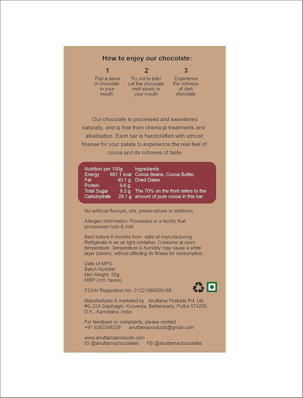 ANUTTAMA Dark Chocolate (50g x 2) Combo of Dates | Handmade Natural Chocolate Bar | Dark Chocolate Bar|Chocolate for Gift |No Artificial Flavours & Colors - EarthBased