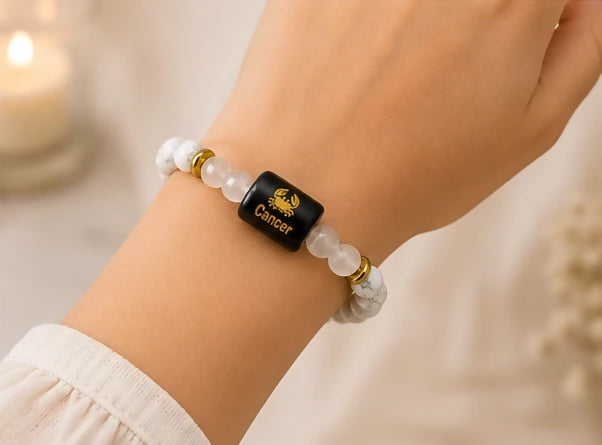 Cancer Zodiac Howlite & Milky Quartz Gemstone Bracelet | Certified Natural Crystal Bracelet for Emotional Balance, Calmness, Intuition & Protection