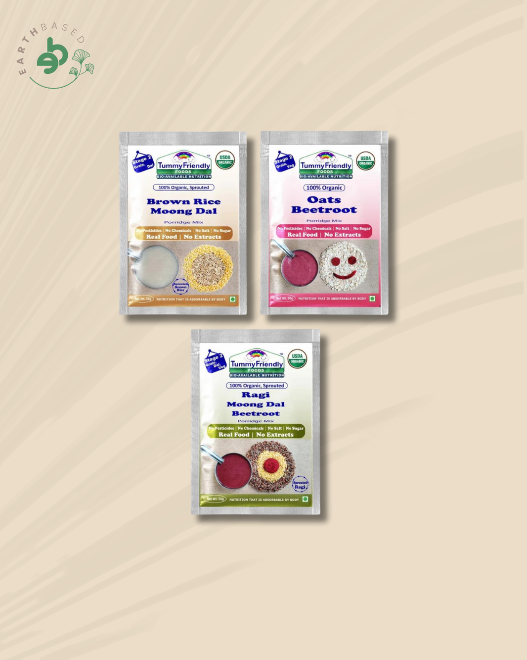 TummyFriendly Foods Certified Organic Stage1 Sprouted Porridge Mixes Trial Packs Sprouted Ragi, Sprouted Brown Rice and Oats | 50g Each, Cereal (150 g, Pack of 6) - EarthBased