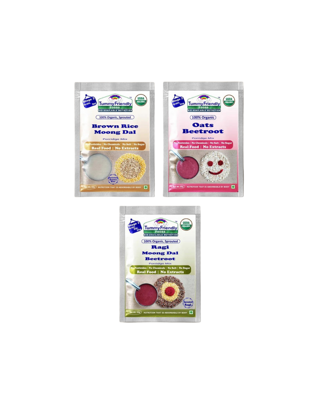 TummyFriendly Foods Certified Organic Stage1 Sprouted Porridge Mixes Trial Packs Sprouted Ragi, Sprouted Brown Rice and Oats | 50g Each, Cereal (150 g, Pack of 6) - EarthBased