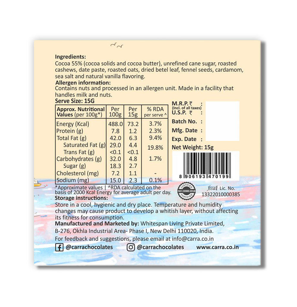 CARRA Meetha Paan in 55% Dark Chocolate 15G - EarthBased