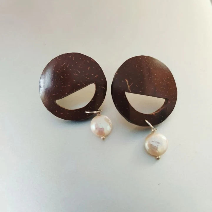 Pearl & Round Coconut Shell Earrings (Golden Hook) - EarthBased