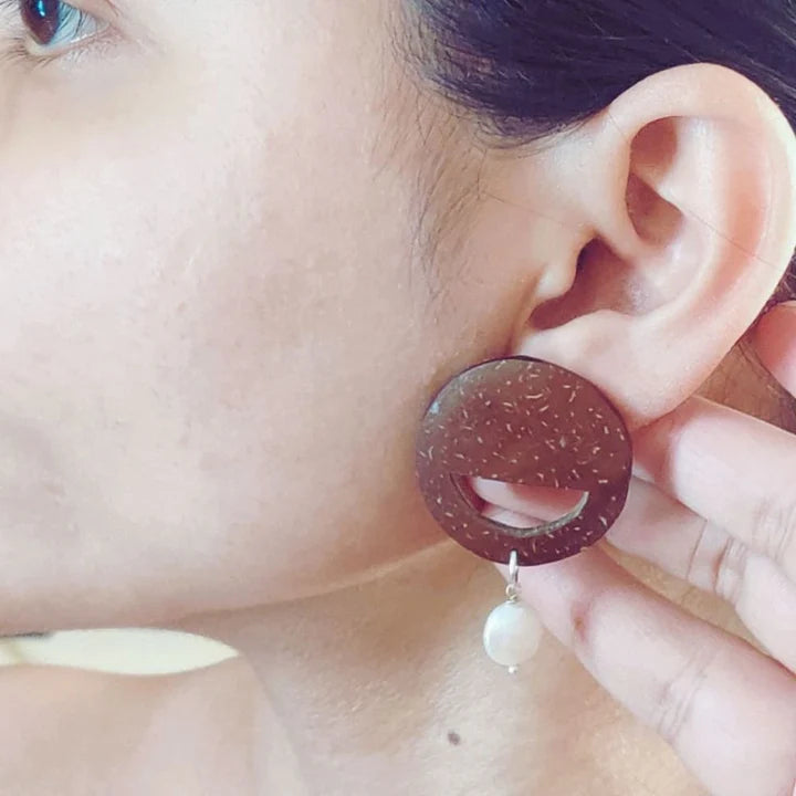 Pearl & Round Coconut Shell Earrings (Golden Hook) - EarthBased
