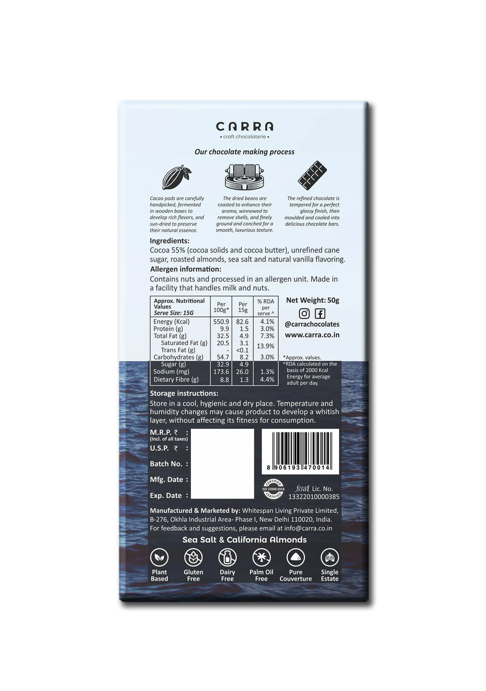 CARRA Sea Salt & California Almonds in 55% Dark Chocolate 50G - EarthBased