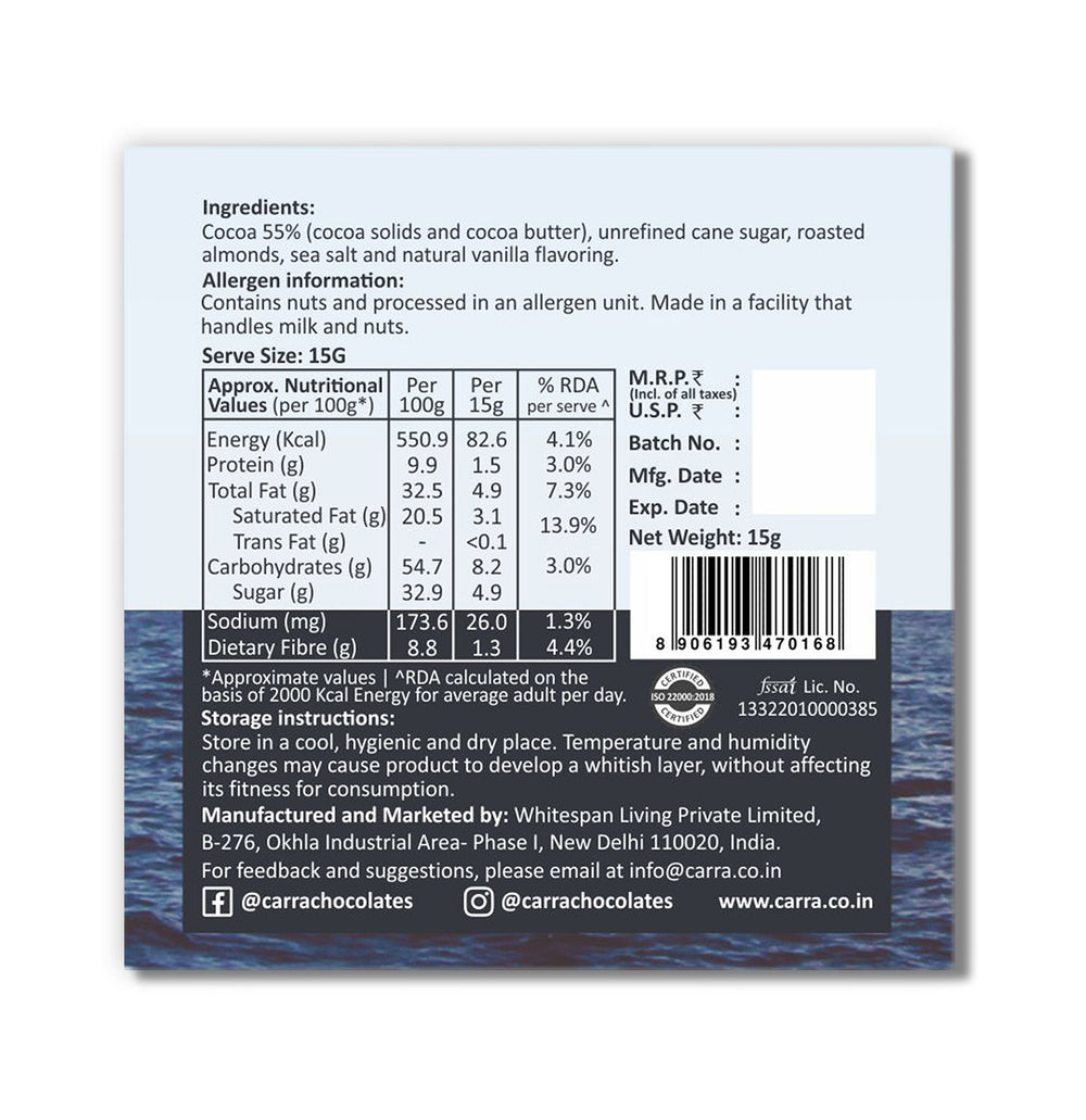 CARRA Sea Salt & California Almonds in 55% Dark Chocolate 15G - EarthBased