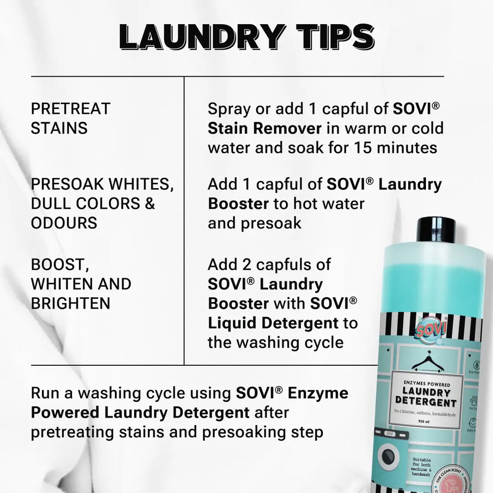 SOVI® LAUNDRY STAIN TREATMENT, ENZYMES POWERED, FIGHTS STAINS, ODOUR & DISCOLOURATION - EarthBased