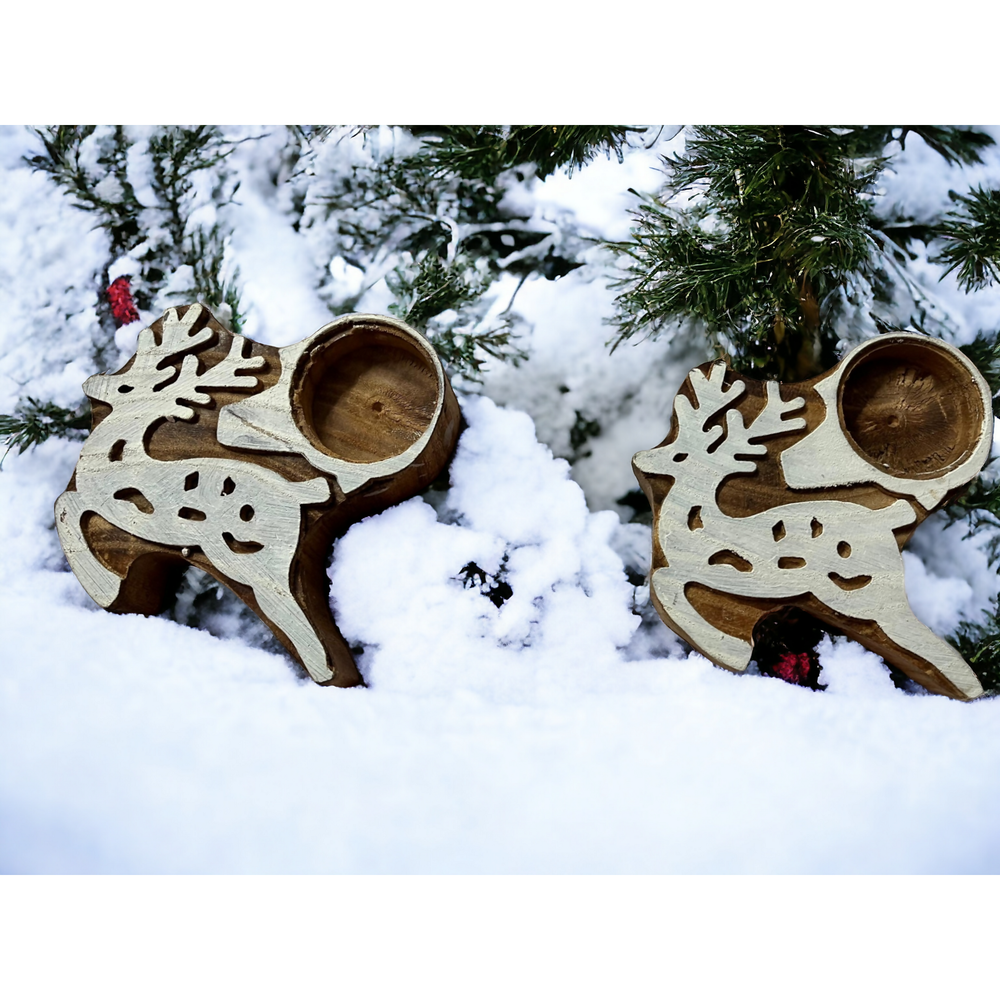 Lightweight wooden reindeer tea light holder from ONEarth