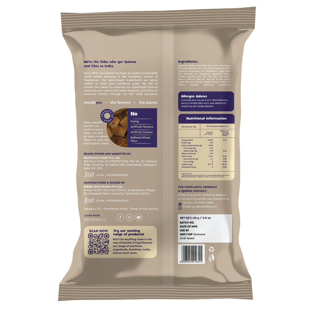 Nourish You - Ragi Sticks ( Chips ) - Tangy Mint Flavour - Healthy Baked Snacks-60g | Pack of 3 - EarthBased 