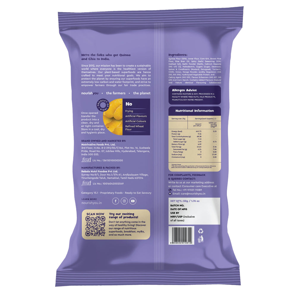 Nourish You Quinoa Puffs, Spicy Garlic flavour 50g - Healthy Baked Snacks. | Pack of 3 - EarthBased 