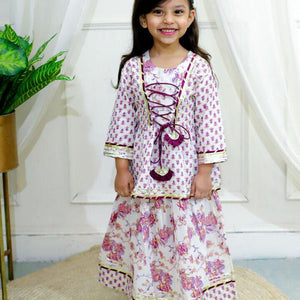 Kid’s Girls Pure Cotton Jaipur Block Printed Indian Ethnic Festive Party Wear Suit Sets | Purple - EarthBased 