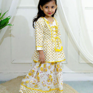 Kid’s Girls Pure Cotton Jaipur Block Printed Indian Ethnic Festive Party Wear Peplum Dori Suit Sets | Yellow - EarthBased 