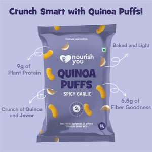 Nourish You Quinoa Puffs, Spicy Garlic flavour 50g - Healthy Baked Snacks. | Pack of 3 - EarthBased 