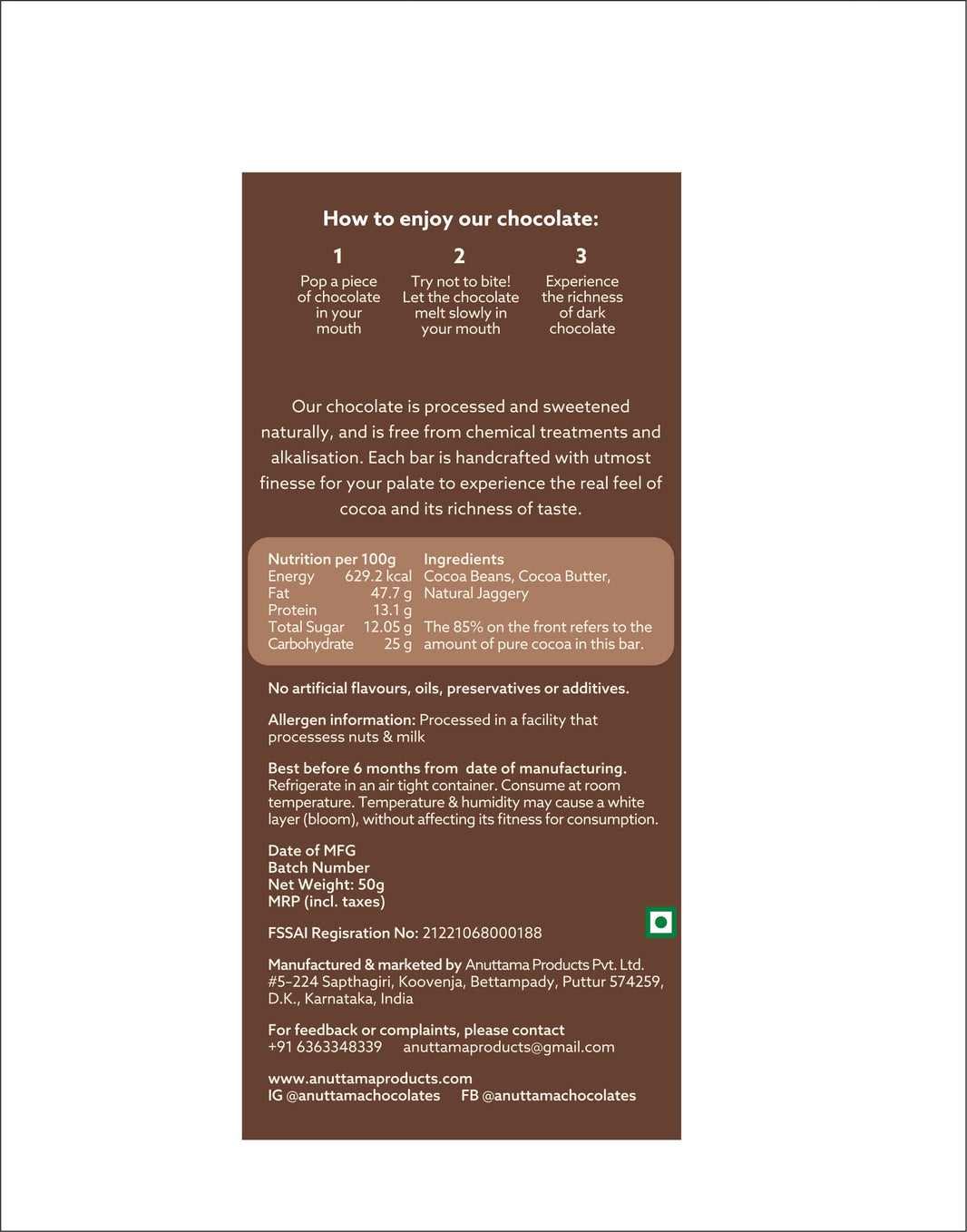 Anuttama 85% Dark Chocolate Bar — Ultimate Bitter, Jaggery Sweetened, Vegan