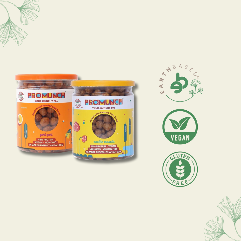 PROMUNCH SOYA Snack |Vegan|Gluten-Free | Pack of 2 Flavour: Peri-Peri and Noodle Masala - 150G Each - EarthBased 