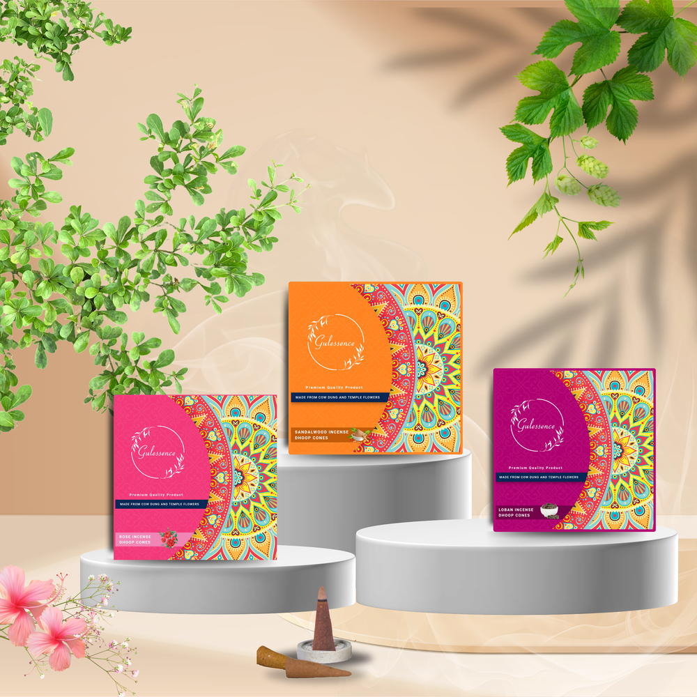 Gulessence Rose,Loban & Sandalwood Incense Dhoop Cones  - Made from Cowdung & Temple Flowers |  (Pack of 3) - EarthBased 