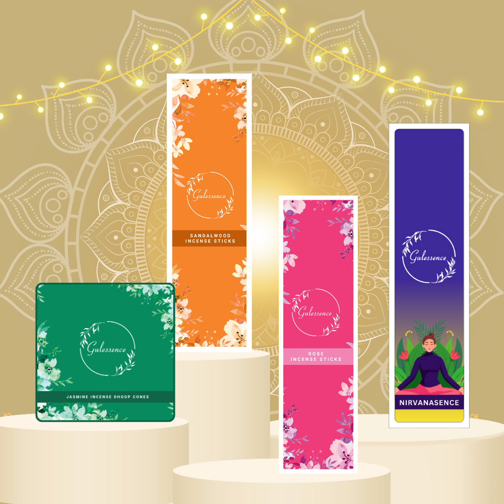 Gulessence Sandal,Rose ,NIrvana -Incense Sticks & Jasmine Cones |Pack of 4 - EarthBased 