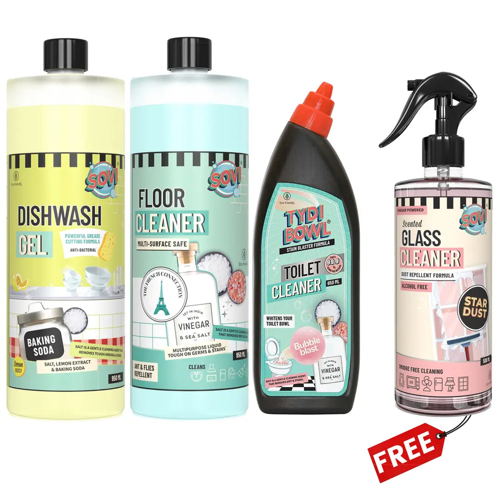 Bestseller Cleaning Kit - SOVI® Floor Cleaner, SOVI® Dishwash Liquid, TYDIBOWL® Toilet Cleaner, SOVI® Glass Cleaner (₹149) FREE - EarthBased 