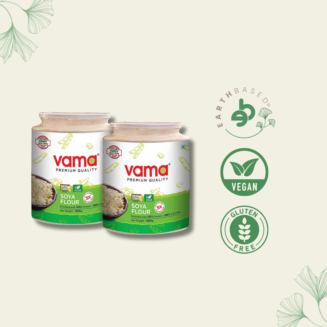 Vama SOYA Flour | 98% Fat-Free | Vegan | Gluten-Free | Pack of 2 500 g Each | Healthy Products - EarthBased 
