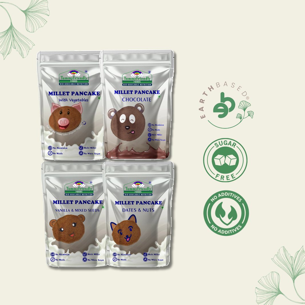 TummyFriendly Foods Aluminium-Free Millet Pancake Mixes Trial Packs with Chocolate, Nuts, Veggies 150 g (Pack of 4) - EarthBased 