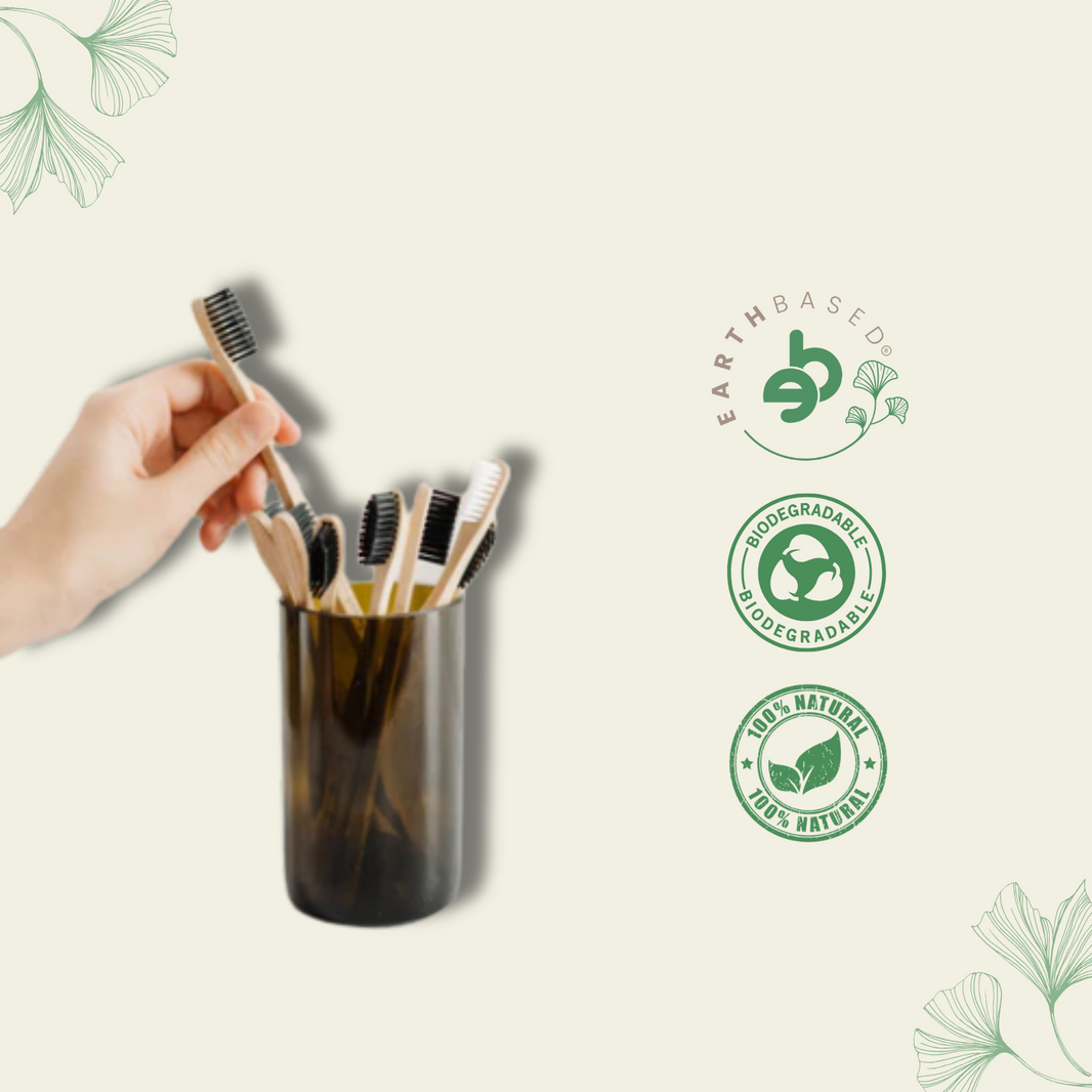Green Foot Print Natural Bamboo Toothbrush - Natural & Charcoal Bristles (Adult- Pack of 2) - EarthBased 