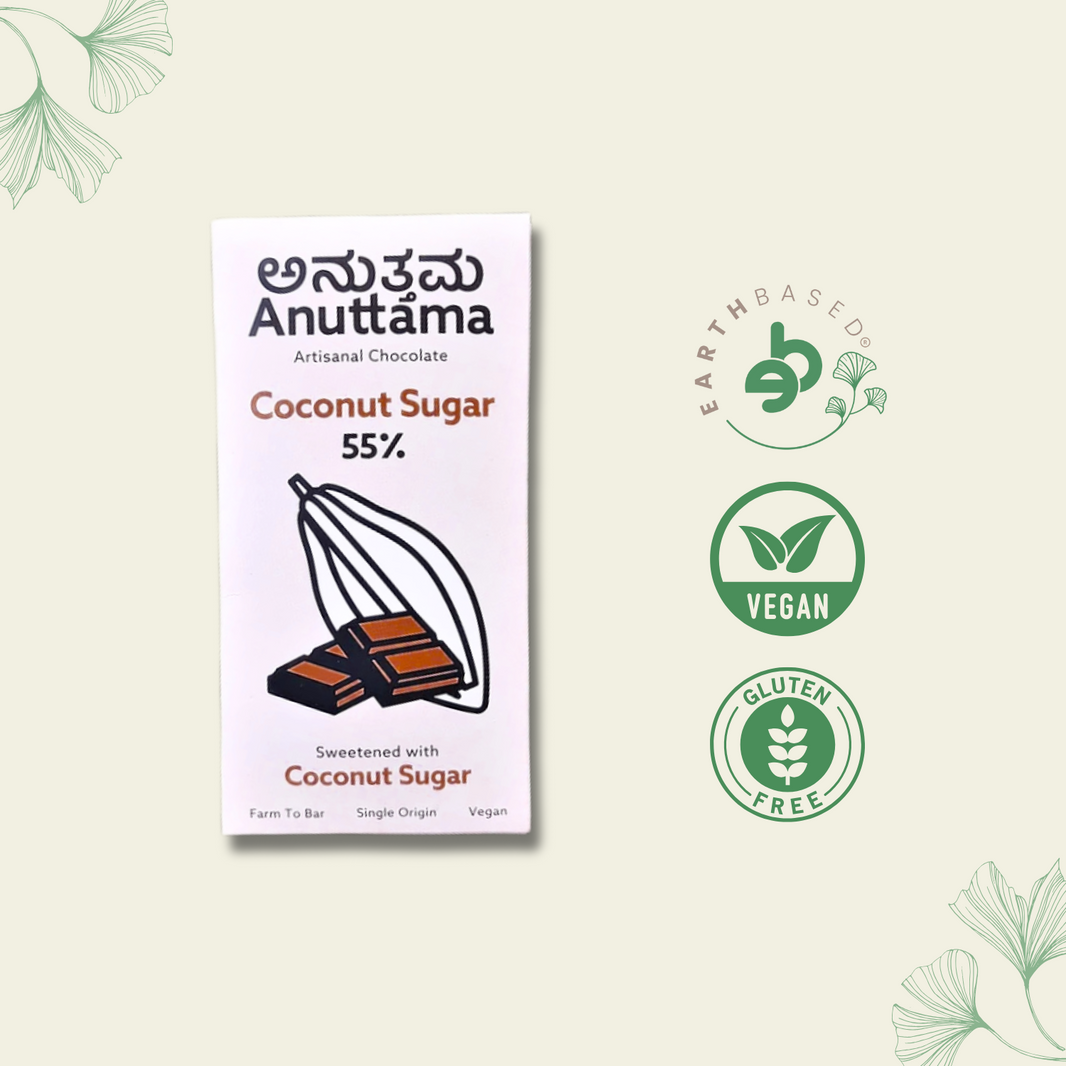 Dark Chocolate Coconut Sugar 55% Cocoa 50 gm | Sugar Free | Jaggery Sweetened | Gluten Free | Handmade Chocolate | Vegan | Natural Chocolate Bar | by Anuttama - EarthBased 