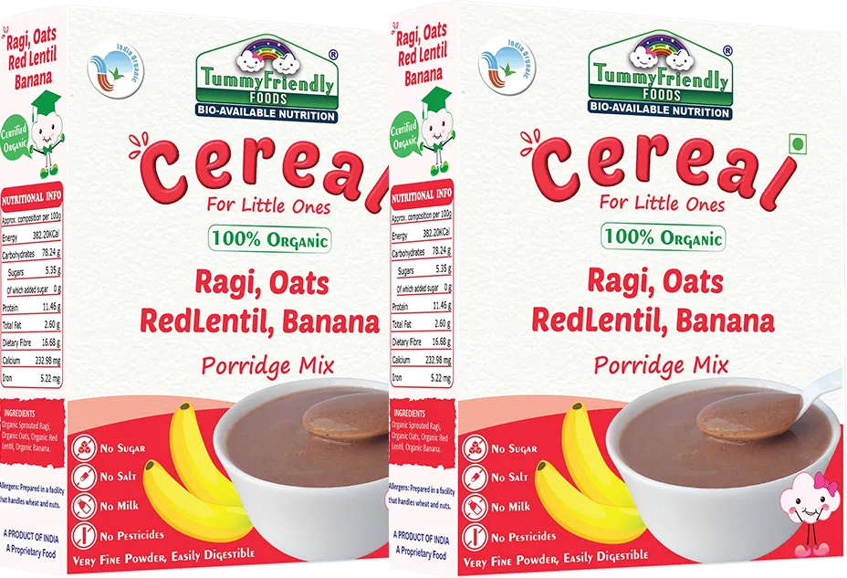 TummyFriendly Foods Certified 100% Organic Sprouted Ragi, Oats, Red Lentil, Banana Porridge Mix , 200g Each, (400 g, Pack of 2) - EarthBased 